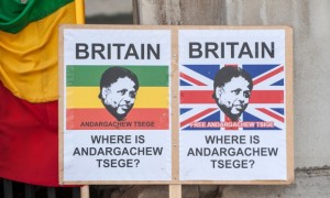 A poster demanding the relese of UK citizen Andargachew Tsige